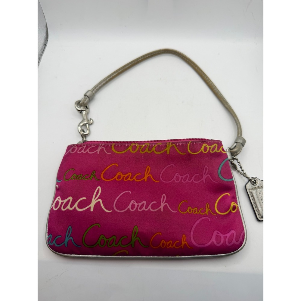 Coach Pink Script Logo Satin Wristlet Metallic Silver Trim Small Bag